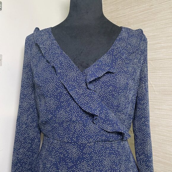 Women's Size 10 Yours Truly Navy Polka Dot Ruffled Neck Long Sleeve Dress - Picture 3 of 11